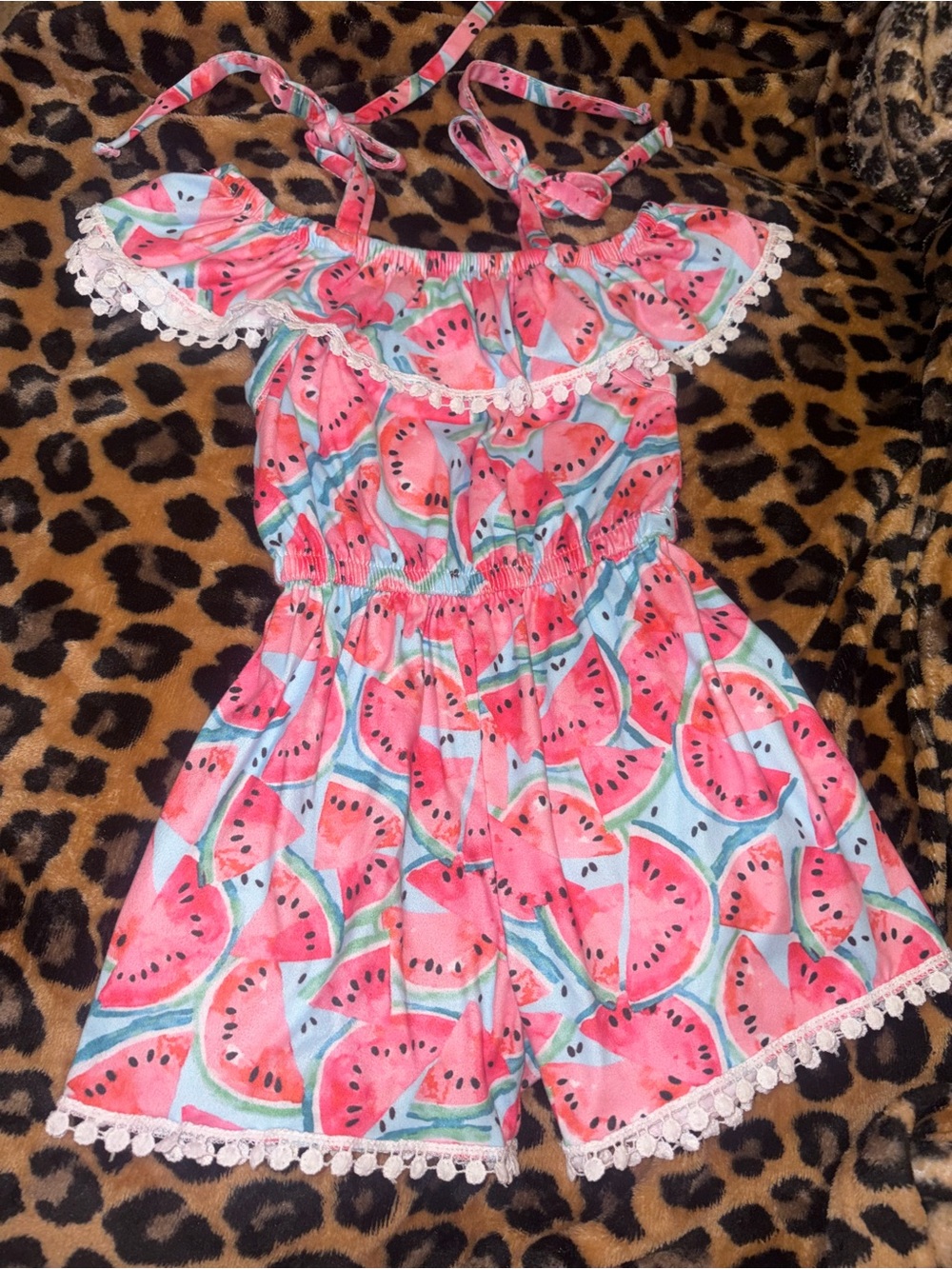 Pink Watermelon Print Off the Shoulder Romper with Lace Trim Toddler Girl 2T
